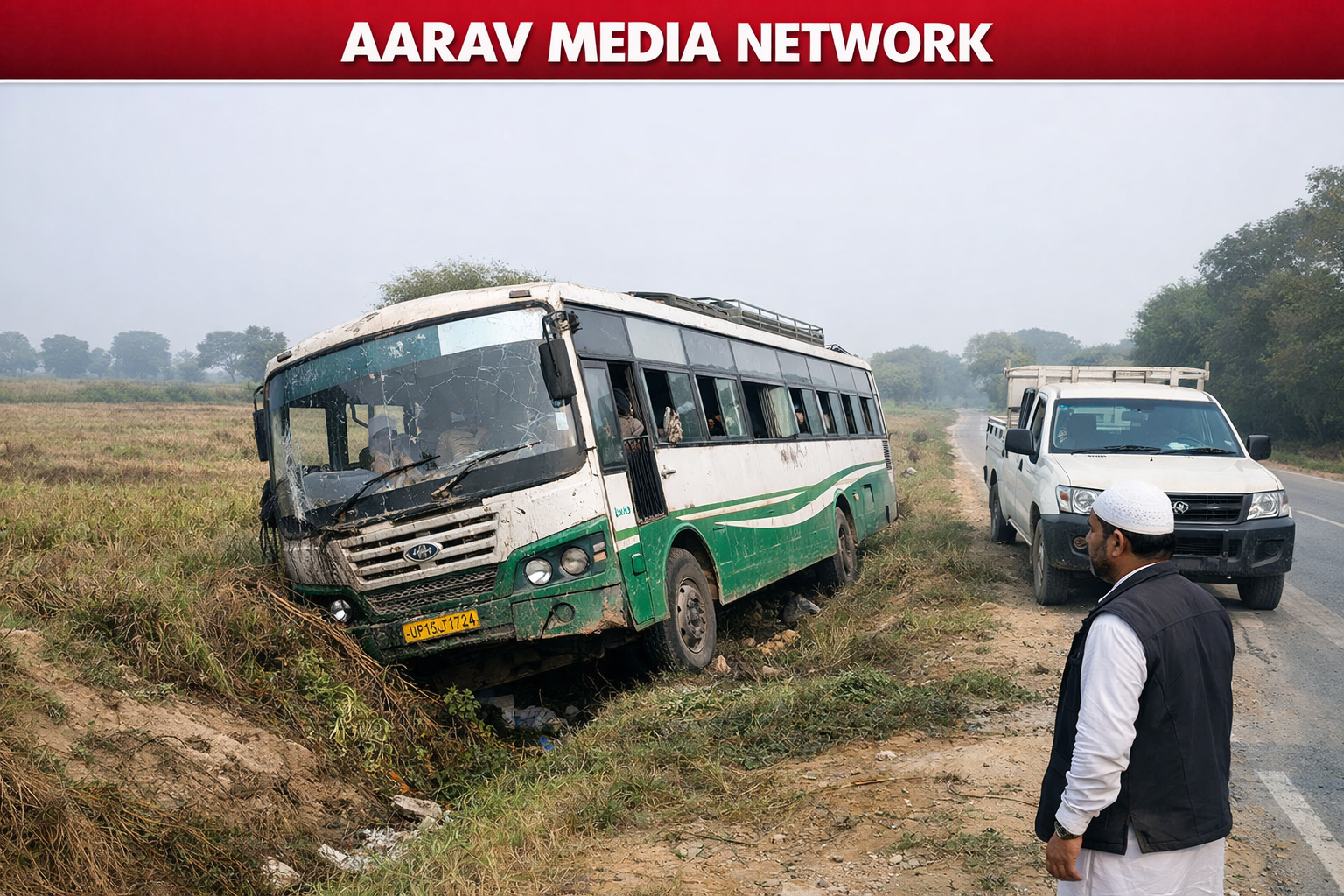बस अनियंत्रित होकर गड्ढे में गिरी, सभी यात्री सुरक्षित